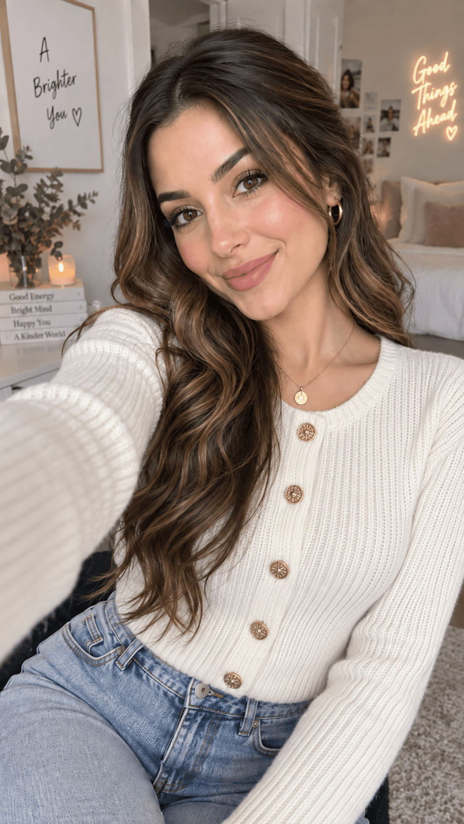 Mia lächelt in die Kamera, Selfie im hellen Strickcardigan